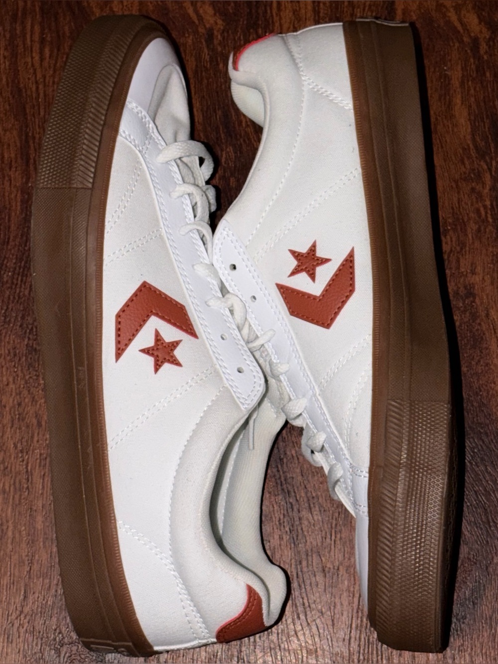 Converse White Canvas Low Top Sneakers with Brown Gum Sole and Rust Accents